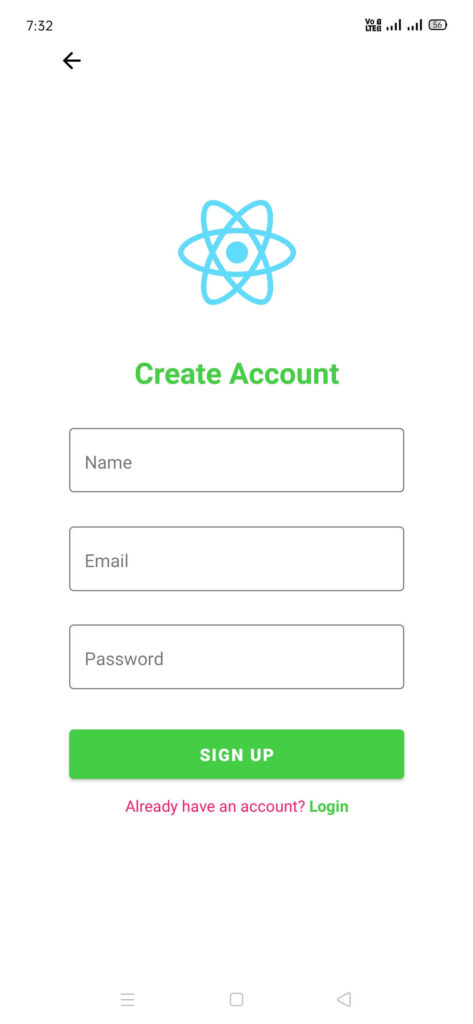 react native sign up screen